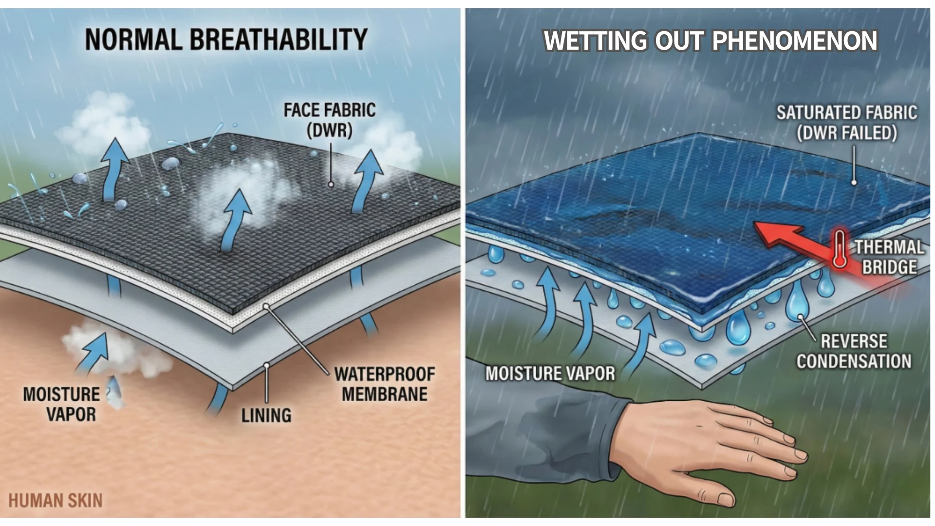 「表面浸潤 (Wet-Out)」現象：當透氣機制受限時